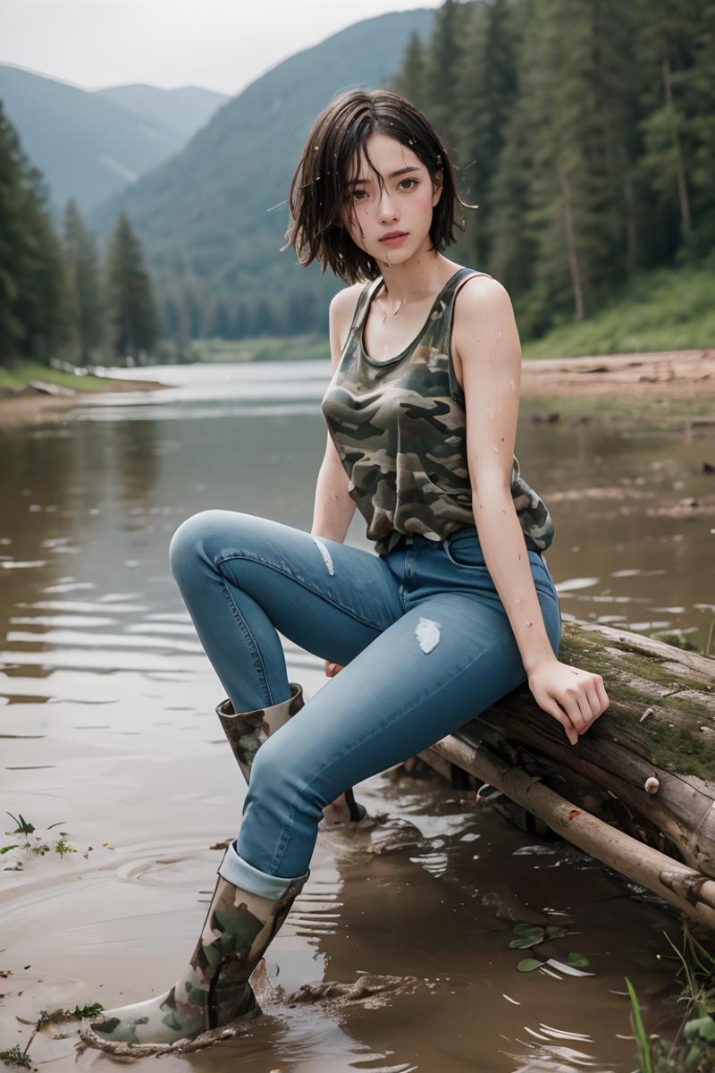 394189-4203674554-real human skin,RAW photo,young woman,sitting on a log,lake shore in the background,wet camouflage tank top,wet blue jeans,wet b.png